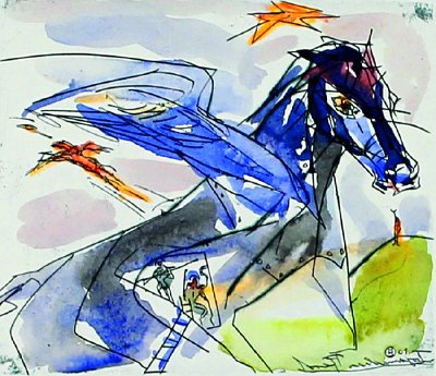 Trojanisches Pferd, von Dagmar Ranft-Schincke, Farbradierung, 2001.jpg