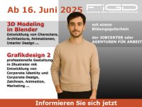 Promobild zur Weiterbildung „3D Modeling“ der FiGD Akademie. Ein junger Mann blickt direkt in die Kamera – neutral, konzentriert und symbolisch für die kreative Designwelt. Visualisiert werden Themen wie Animation, Characterdesign und Illustrator-Grafikdesign.