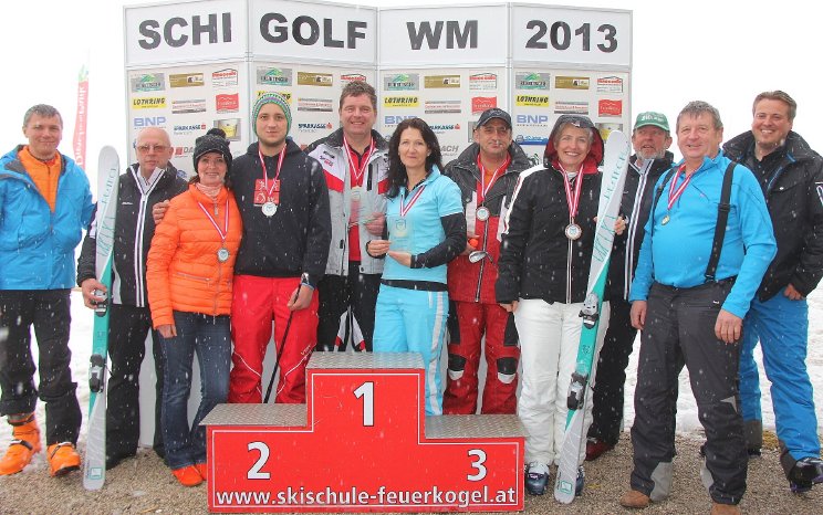 Schi Golf WM 2013 - v.l. Vize.Bg. Siller, Vize.Präs. W. Reindl, 2. Platz D+H, 2 Weltmeister, 3..JPG