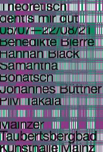 Plakat Theoretisch geht's mir gut, 05/07-22/08/21, Benedikte Bjerre, Hannah Black, Samatha Bohatsch, Johannes Büttner, Pilvi Takala, Mainzer Taubertsbergbad, Kunsthalle Mainz