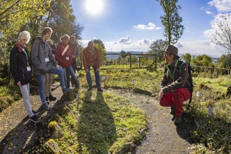 Habichtskräuter, Glockenblumen, Heilkräuter, Bauerngarten viele weiter Besonderheiten: Susanne Jost (rechts), Geo- und Naturparkführerin sowie Mitarbeiterin im Amt für Bauen und Umwelt des Vogelsbergkreises, erläutert Exkursionsteilnehmerinnen und –teilnehmern den Vogelsberggarten am Ulrichsteiner Schlossberg