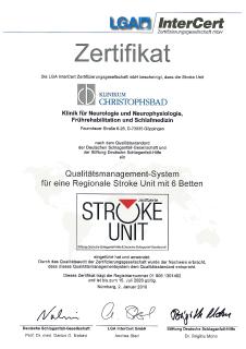 Das 4. Zertifikat für eine Regionale Stroke Unit ist gültig bis Juli 2020