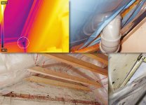 Beispiele häufiger Luft-Leckagen: Undicht eingebautes Dachflächenfenster, Rohrdurchdringung komplett ohne Andichtung, unverputzt gebliebene Giebelwand und abgelöste Folienverklebung (von oben links nach unten rechts).