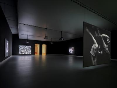 Installationsansicht Kunsthalle Mainz: Joachim Koester: Variations of Incomplete Open Cubes, 2011; Tarantism, 2007; To Navigate, in a Genuine Way, in the Unknown Necessitates an Attitude of Daring, but Not One of Recklessness (Movements Generated from the Magical Passes of Carlos Castaneda), 2009; My Frontier is an Endless Wall of Points (after the mescaline drawings of Henri Michaux), 2007, courtesy the artist and Jan Mot, Brüssel, Foto: Norbert Miguletz