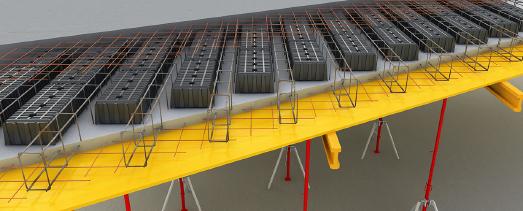 AIRPLAST Schalung kann bei vorgefertigten Decken, aber auch bei Ortbeton Decken verwendet werden. Das Betonieren muss auf 2 Güsse erfolgen, damit die Hohlkörper nicht aufschwimmen (erst bis etwa 2 cm über Unterkante, zweite Schüttung auf restliche Höhe)