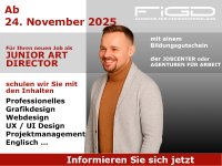 Ein junger Mann in hellem Cardigan mit braunem Rollkragenpullover steht vor einem zweifarbigen Hintergrund und zeigt mit beiden Händen das OK-Zeichen. Links im Bild steht: „Ab 24. November 2025 – Für Ihren neuen Job als Junior Art Director“. Weitere Inhalte wie Grafikdesign, Webdesign, UX/UI und Projektmanagement werden aufgeführt. Unten ein roter Balken: „Informieren Sie sich jetzt“.