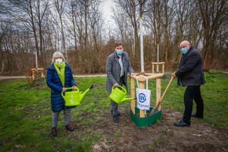 Bürgermeisterin Barbara Brunsing, BIG-Vorstandsvorsitzender Peter Kaetsch und Ulrich Finger vom Regiebetrieb Stadtgrün. Von der BIG gab es für alle Beteiligten eine Baumwolltasche, gefüllt mit BIG-Honig und dem Saatgut "Bienenschmaus"