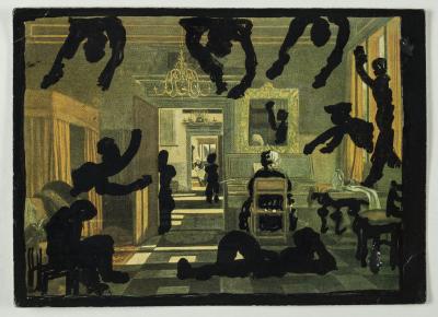 Strawalde, Über Emanuel de Wittes "Interieur mit Dame am Clavichord", 1981, Mischtechnik über Postkarte, 10,5 x 14,8 cm, im Besitz des Künstlers, Foto: Franz Zadniček / © VG Bild-Kunst, Bonn 2018