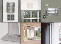 Abdichten – nein danke: Kaminhinterlüftung, Abluftöffnung im fensterlosen Bad, Fahrschachtbelüftung, Ablufthaube, Katzenklappe und ein der freien Lüftung dienender Fenster¬falzlüfter (von oben links nach unten rechts) sind Beispiele von Öffnungen in der Gebäudehülle, die man für GEG-Schluss¬messungen nicht abdichten darf.