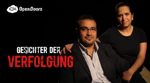 George und Nawal aus Syrien auf einem Plakat für neue Serie beim Hope TV „Gesichter der Verfolgung“