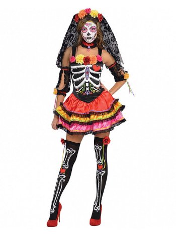 Tag der Toten Skelett-Frau Halloween Damenkostüm schwarz-bunt.jpg