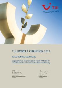 Urkunde TUI Umwelt Champion 2017 - Van der Valk Naturresort Drewitz