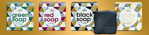 Green Soap, Red Soap, Black Soap und White Soap, Made by Speick