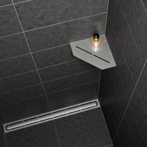 Das neue Schlüter-SHELF-E-PURE passt perfekt zur Linienentwässerung KERDI-LINE-STYLE im gleichen Design.