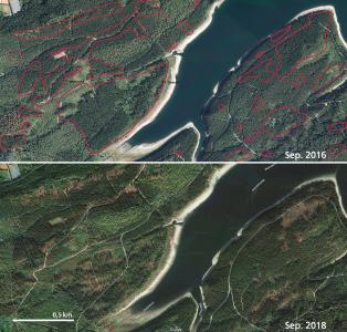 Luftbilder des Waldes an der Granetalsperre im Harz im Vergleich zwischen September 2016 und 2018. In den rot markierten Bereichen sind Veränderungen des Waldes durch Sturm und Borkenkäfer deutlich. Die Zeitreihe wird nun durch Bilder aus dem September 2019 ergänzt. (Bilder: NLF (oben)/Google (unten))