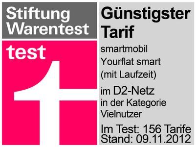Stiftung Warentest: Günstigster Tarif smartmobil.de Yourflat Smart in der Kategorie Vielnutzer