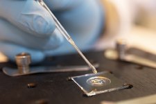 Hier wird das Polymer, aus dem am Ende ein optisches Element entstehen soll, gerade auf ein Deckglas aufgetragen