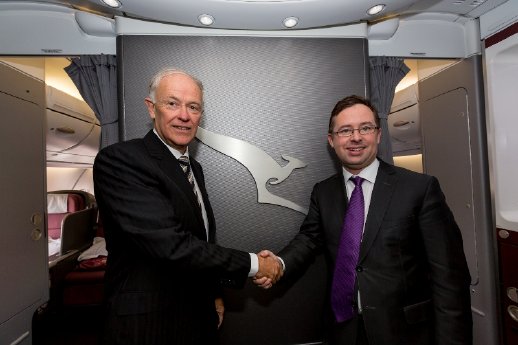Qantas CEO Alan Joyce and Emirates President Tim Clark onboard the Qantas A380.jpg