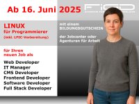 Promobild zur Weiterbildung „Linux Netzwerkmanagement“ bei der FiGD Akademie. Abgebildet ist ein Mann mit sportlichem Look, schwarzem T-Shirt und tätowiertem Arm, der selbstbewusst in die Kamera blickt. Im Hintergrund: technische Icons und Farbsymbole, die für IT-Kompetenz und Netzwerk-Know-how stehen.