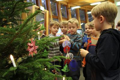 Kinder der Kita Nebelstrolche aus Kuchelmiß und der Kita Biene Maja aus Güstrow schmücken den Weihnachtsbaum im Wildpark-MV. (Foto: Wildpark-MV)
