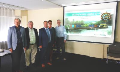 Pressekonferenz STL 14.08.2019 / (von links nach rechts): Willem van Hees (Projektmanager Ler(n)ende Euregio), Hans-Wilhelm Dünner (Herausgeber Schiffahrt und Technik (SUT Verlags GmbH), Mitorganisator Forum der Deutschen Binnenschifffahrt), Leon Westerhof (Projektmanager Messe Kalkar, Organisator der Shipping Technics Logistics), Michaela Schmidt (Projektmanagerin, Abteilungsleitung Messe Kalkar), Axel Götze-Rohen (Bargelink GmbH)
