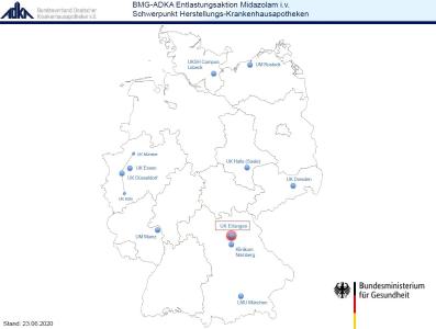 Übersichtskarte Beteiligte Schwerpunkt-Herstellungs-Krankenhausapotheken der "BMG-ADKA Entlastungsaktion Midazolam i.v.", © ADKA, 06/2020
