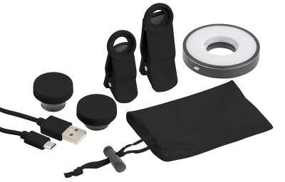 Somikon 4in1-Vorsatz-Linsen-Set CVL-153.led mit Weitwinkel, Makro, Fischauge und LED-Ring