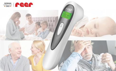 Gesamtnote 1,7 im CHIP-Test: Mit dem kontaktlosen reer Colour SoftTemp Infrarot-Fieberthermometer lässt sich die Körpertemperatur besonders sanft und innerhalb 1 Sekunde kontrollieren.
