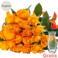 20 orange Rosen im Bund mit Vase für nur 17,99€