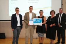 v.l.n.r.: Thorsten Walter Fachbereich Bildung Koordination Übergang Schule-Beruf der Stadt Mannheim, Klaus Breitwieser, Jurorin Gabriele Ritter, Claudia Orth Bereichsleiterin Berufsbildung der Handwerkskammer Mannheim Rhein-Neckar-Odenwald und Alexander Urban vom Projektbüro Boris – Berufswahl-Siegel, Bild: Handwerkskammer Mannheim