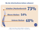 Alarmierende Zahlen: 73 Prozent der Arbeitnehmer hatten innerhalb der letzten 12 Monate mehrmals Schmerzen im Schulter- und Nackenbereich, 68 Prozent schmerzte der untere und 54 Prozent der obere Rücken.